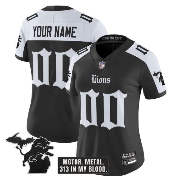 Women's Detroit Lions Active Player Custom Black Alternate 2025 F.U.S.E. 'Gothic Motor Grit Edition' Vapor Limited Stitched Football Jersey(Run Small)